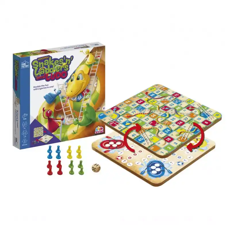 Premium The Game Factory Wooden Snakes 'n' Ladders and Ludo